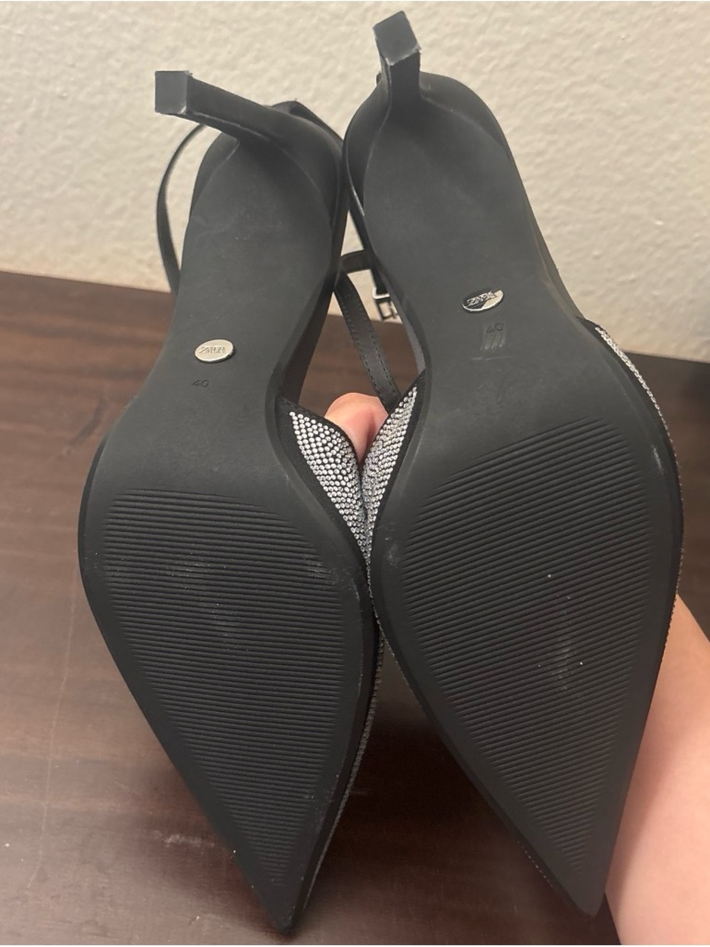 ZARA Black & Silver Rhinestone Pointed Slingback Heels NWOT - Picture 2 of 3